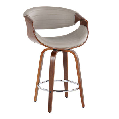 The Symphony Mid Century Modern Counter Stool set features a curved wood frame, light gray cushioned seat and backrest, and four wooden legs with a circular chrome footrest. Comes as a set of 2 with fixed height and swivel function.