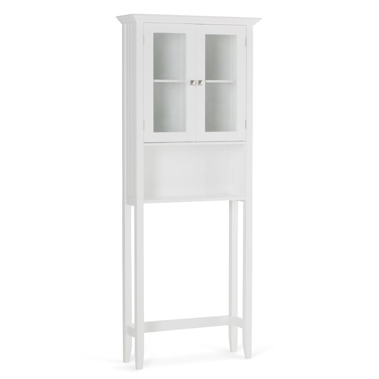 The Acadian Space Saver Cabinet in Pure White features glass double doors, two small knobs, an open lower shelf, and tall legs designed to fit conveniently over a toilet.