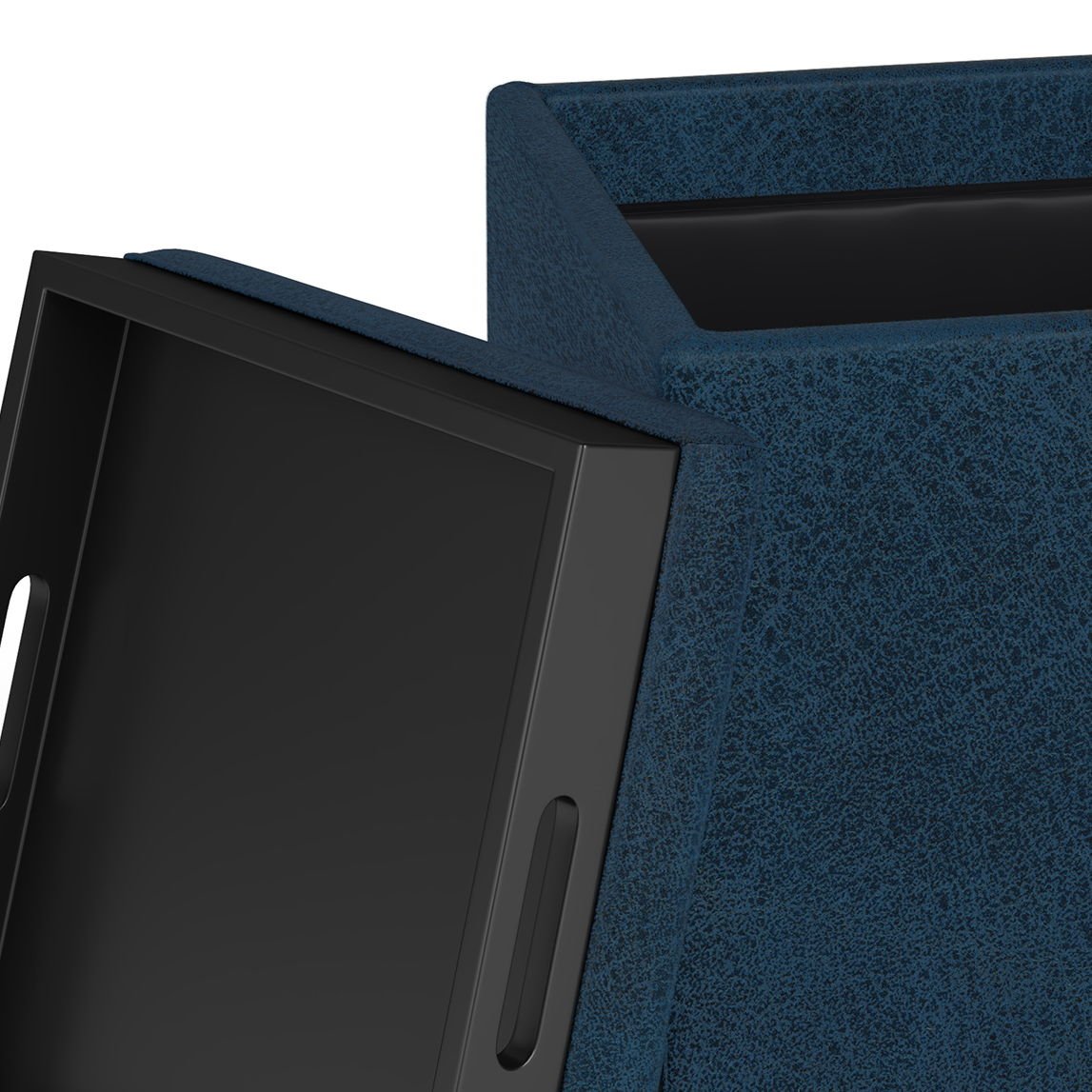 A close-up of the Rockwood Upholstered Cube Storage Ottoman With Tray, dark blue with a black removable lid. The ottoman features handle cutouts on both box and lid for easy lifting, and the lid is partially open to show the inside.