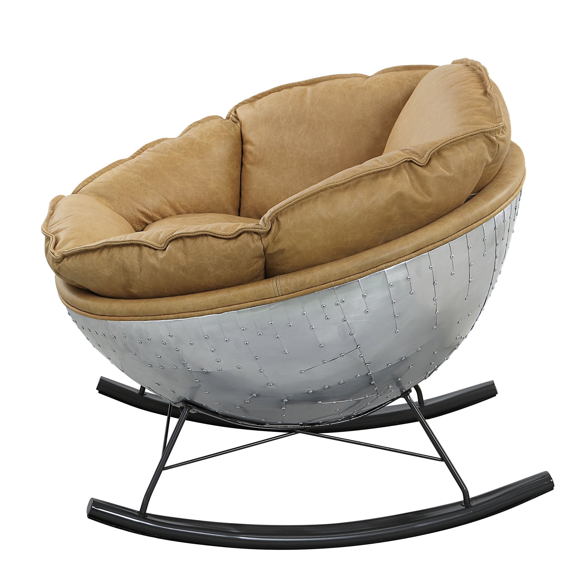 The Couch.com Pippin Top Grain Leather Rocking Chair features a modern design with a light brown faux leather seat, durable construction, and black curved rocker legs for stylish comfort.
