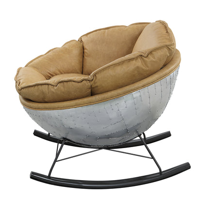 The Couch.com Pippin Top Grain Leather Rocking Chair features a modern design with a light brown faux leather seat, durable construction, and black curved rocker legs for stylish comfort.