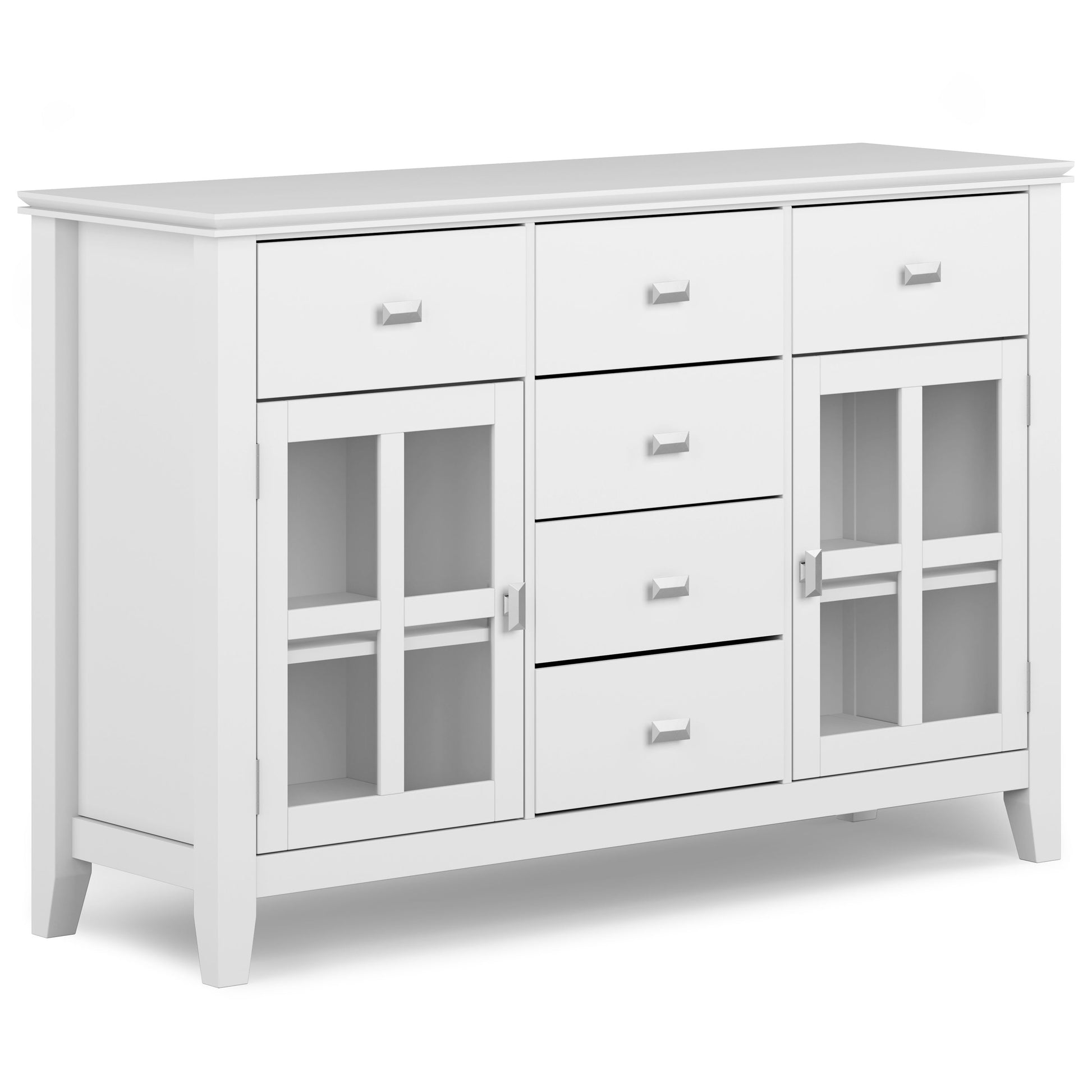 The Artisan - Handcrafted Sideboard Buffet features a modern white design with three central drawers, two glass-front cabinets on either side, and two smaller drawers above the cabinets, all accented by clean lines and square handles.