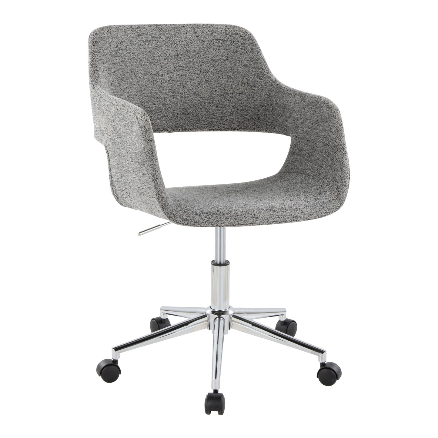 The Margarite Contemporary Office Task Chair features a modern gray design, curved backrest with open lower back, armrests, chrome five-wheel base, and an adjustable height lever.