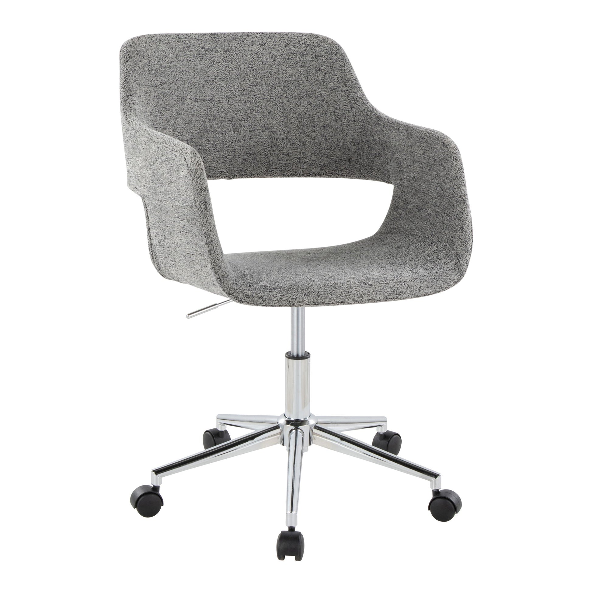 The Margarite Contemporary Office Task Chair features a modern gray design, curved backrest with open lower back, armrests, chrome five-wheel base, and an adjustable height lever.