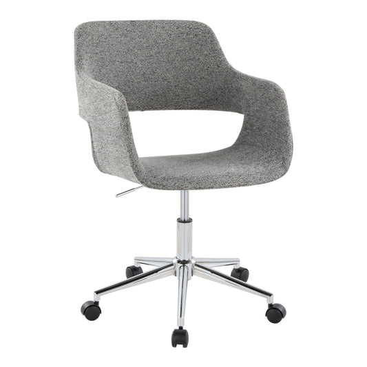 The Margarite Contemporary Office Task Chair features a modern gray design, curved backrest with open lower back, armrests, chrome five-wheel base, and an adjustable height lever.