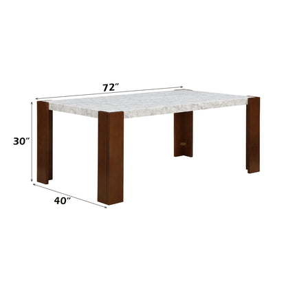 The Hettie Dining Table features a white engineered stone top and four thick brown wooden legs, measuring 72"L x 40"W x 30"H.
