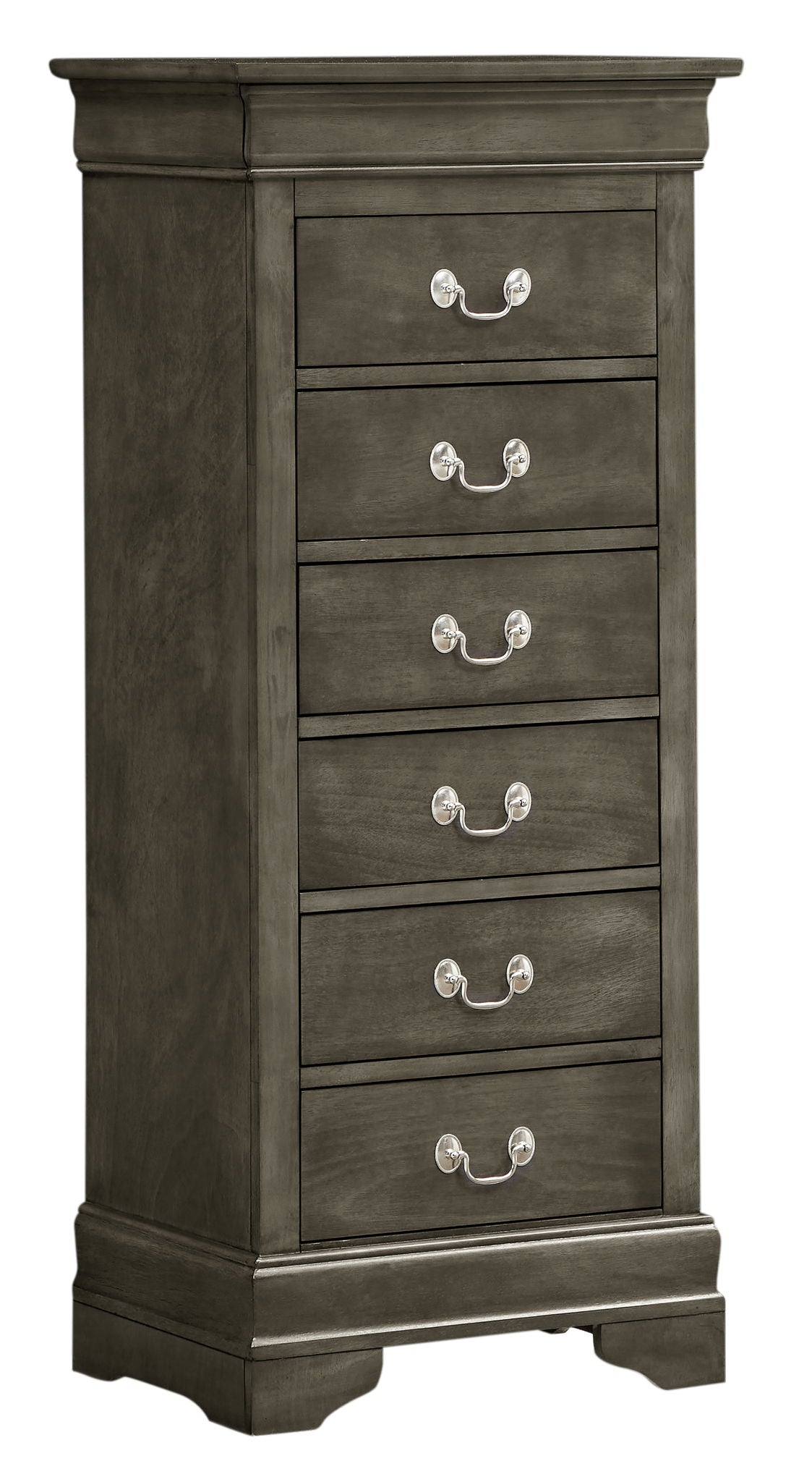 The Traditional Style Lingerie Storage Chest Timeless is a tall, dark wooden dresser with six drawers, each with two silver handles, set on a simple platform base and featuring a classic, elegant design.