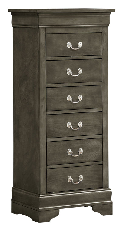 The Traditional Style Lingerie Storage Chest Timeless is a tall, dark wooden dresser with six drawers, each with two silver handles, set on a simple platform base and featuring a classic, elegant design.