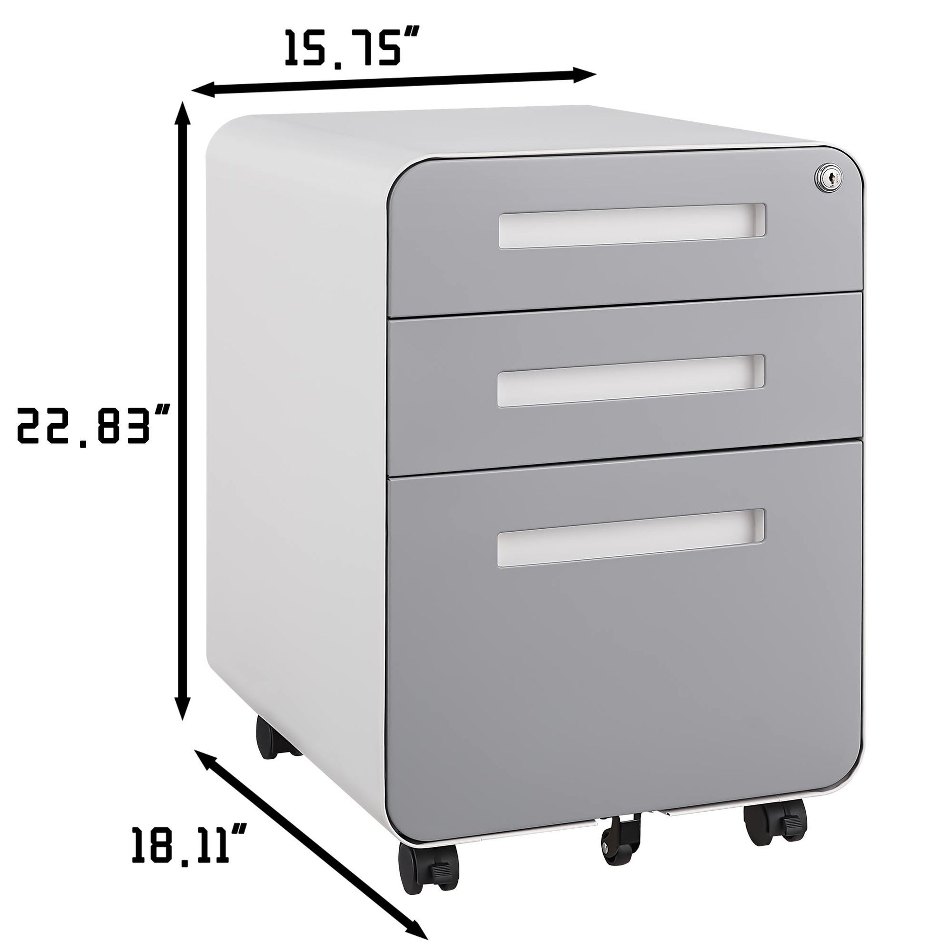 A gray and white 3 Drawer Mobile File Cabinet (15.75"W x 22.83"H x 18.11"D) with lockable top drawer, under desk design, 5 wheels for stability, made of waterproof cold rolled steel for versatile office storage of Legal/Letter/A4 files.