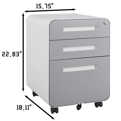 A gray and white 3 Drawer Mobile File Cabinet (15.75"W x 22.83"H x 18.11"D) with lockable top drawer, under desk design, 5 wheels for stability, made of waterproof cold rolled steel for versatile office storage of Legal/Letter/A4 files.