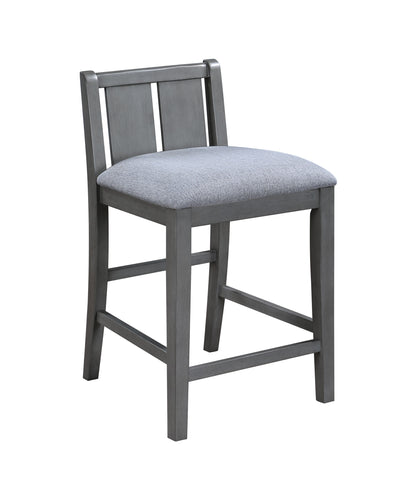 The Graham set includes two 20" counter height chairs with gray wooden frames, padded light gray fabric seats, slatted backrests, and footrests for a modern design.