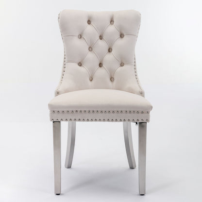 The Nikki set features modern, high-end velvet upholstered dining chairs with tufted backs, chrome stainless steel plated legs, and nailhead trim, perfect for contemporary spaces.