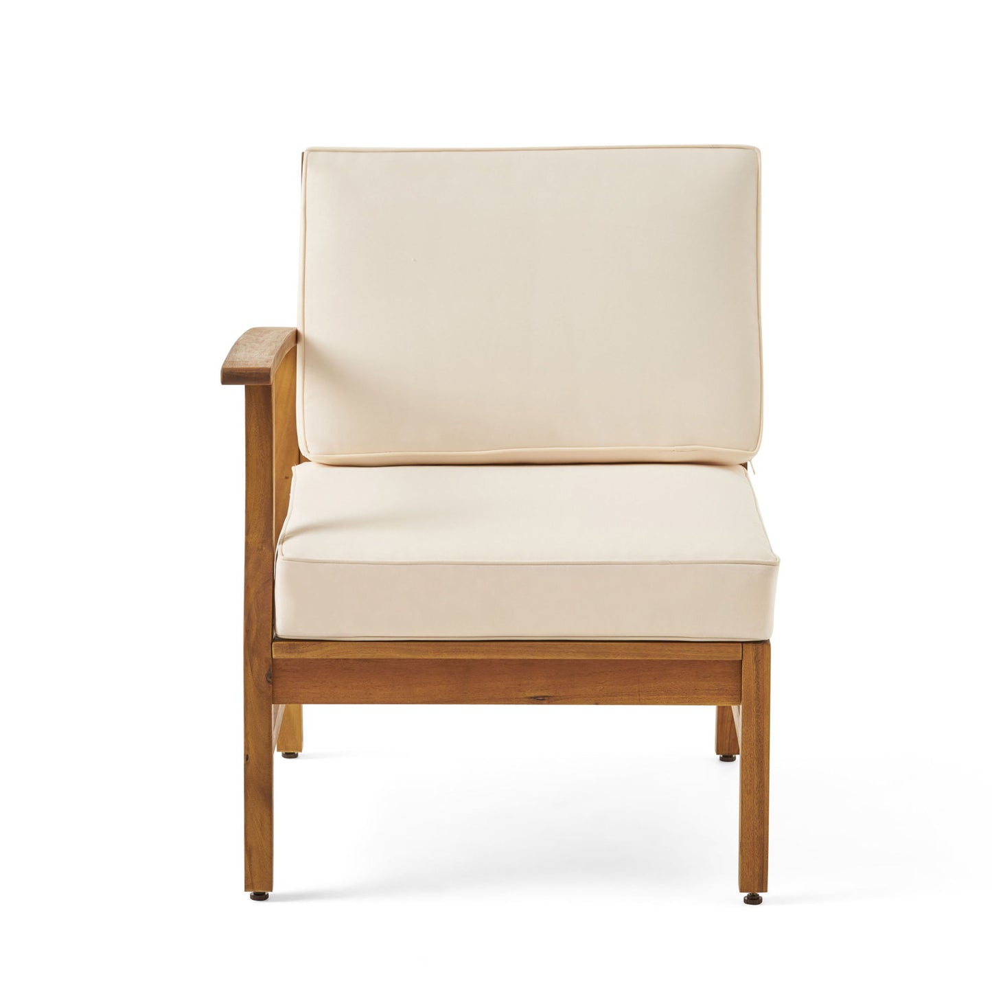 The Perla - 5 Pieces Sofa Set features a wooden armchair with light beige cushions, a sleek modern design, and a single left armrest, displayed against a plain white background.