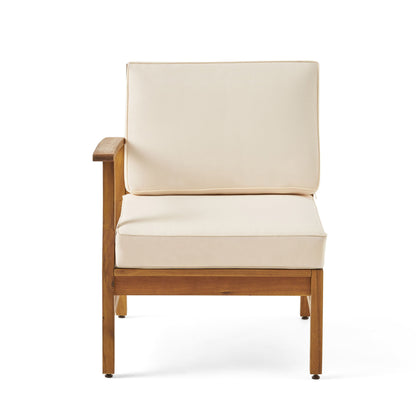 The Perla - 5 Pieces Sofa Set features a wooden armchair with light beige cushions, a sleek modern design, and a single left armrest, displayed against a plain white background.