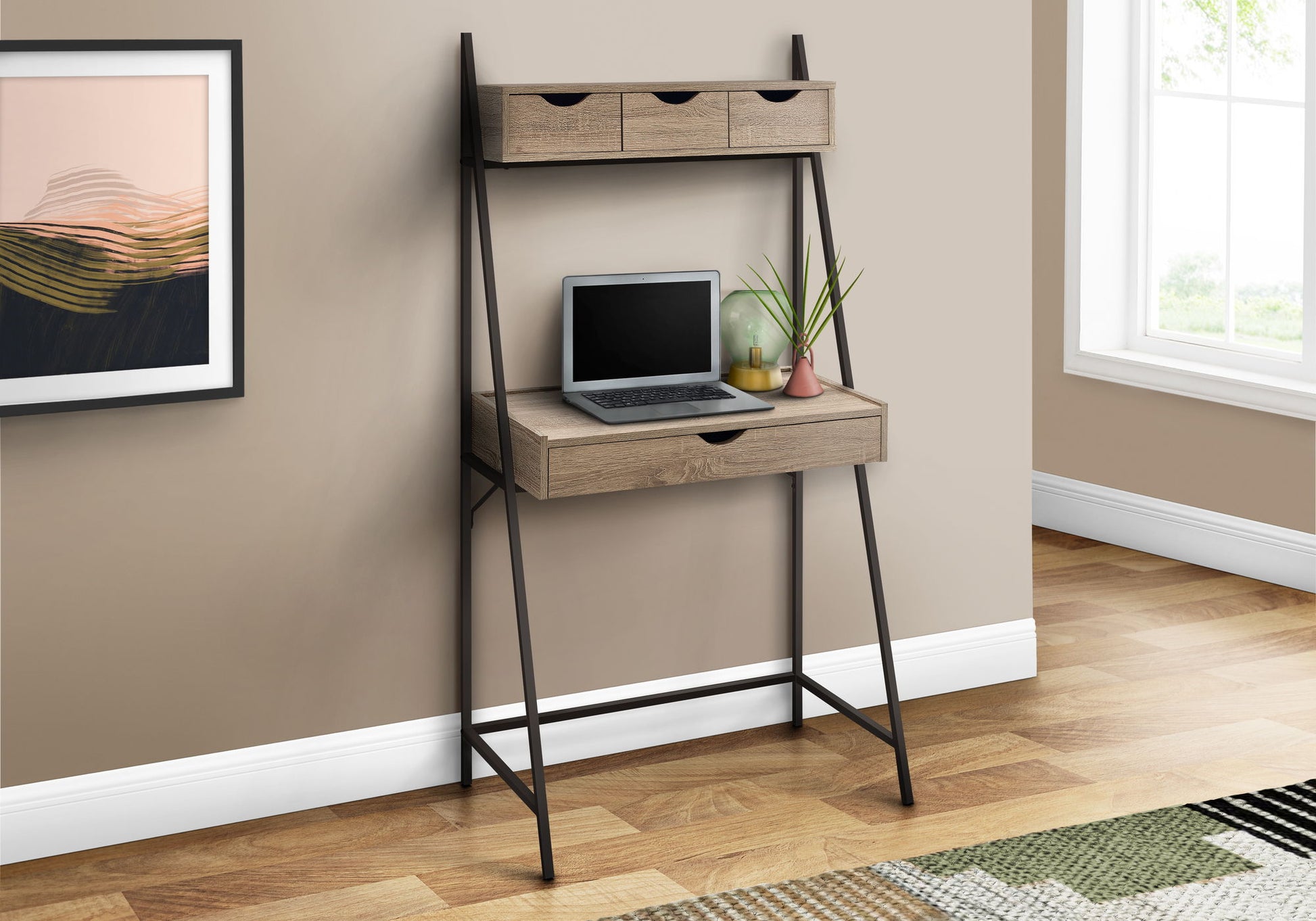 The Computer Desk For Home Office features a wood finish, black metal frame, four upper drawers, one large lower drawer, and displays a laptop, green vase, and small plant. It sits against a beige wall with a contemporary modern style.