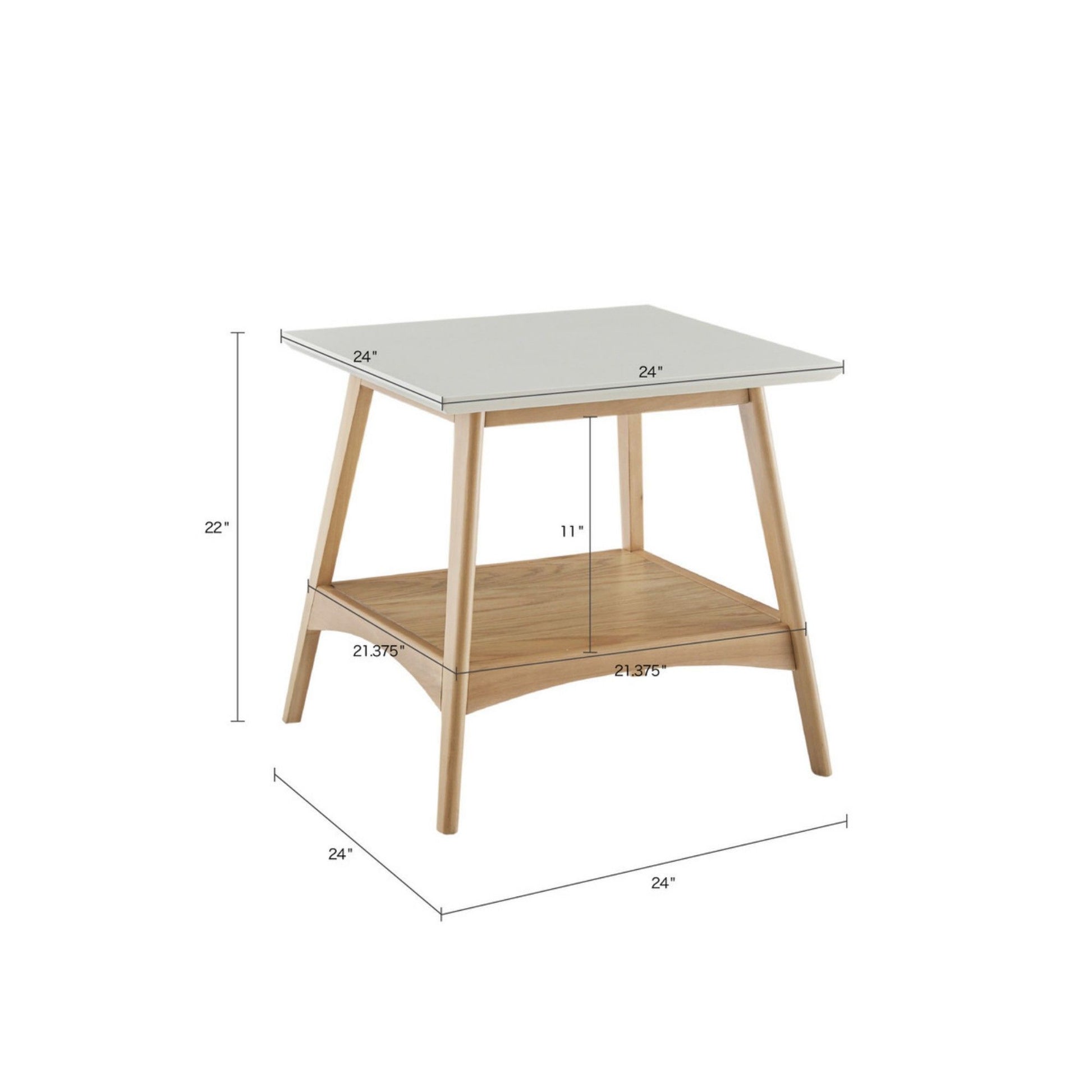The Modern Table With Extra Storage features a white square top, four tapered legs, and a lower wood shelf. It measures 24"W x 24"D x 22"H with an 11" gap between shelves and a 21.375" wide lower shelf.