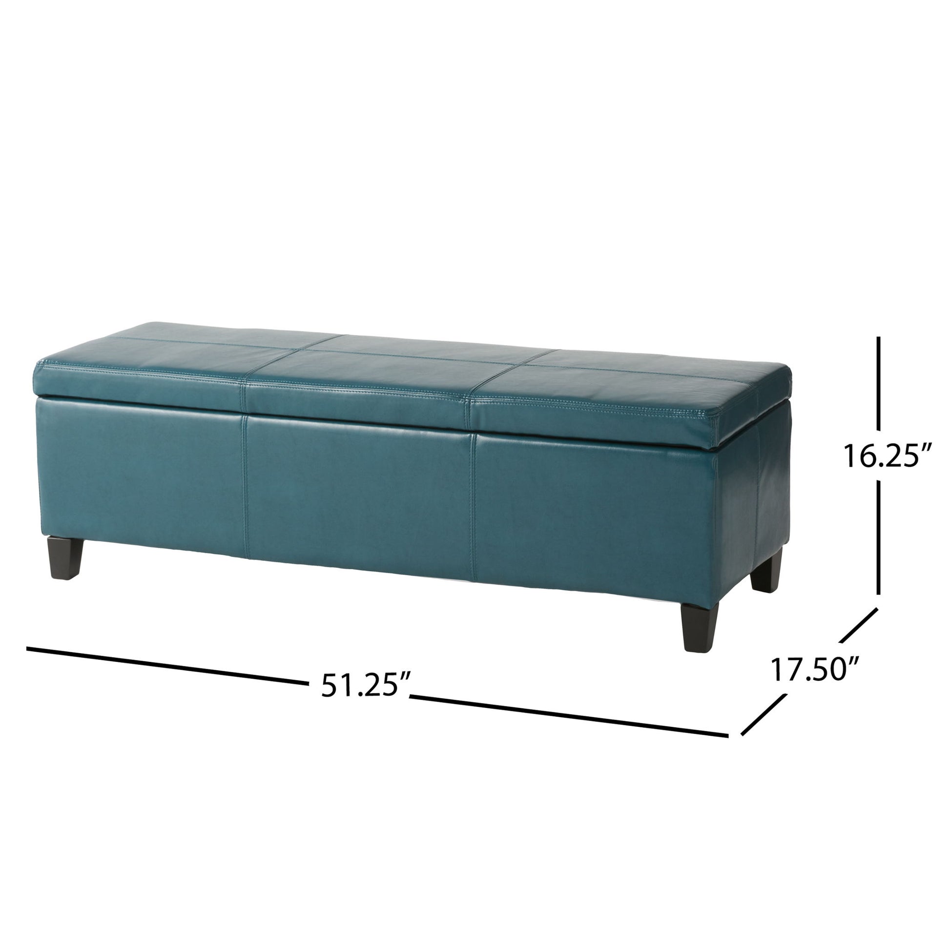 The Glouster - Contemporary Storage Ottoman is a teal rectangular bench with a cushioned lid, short black legs, and measures 51.25"L x 17.5"D x 16.25"H.