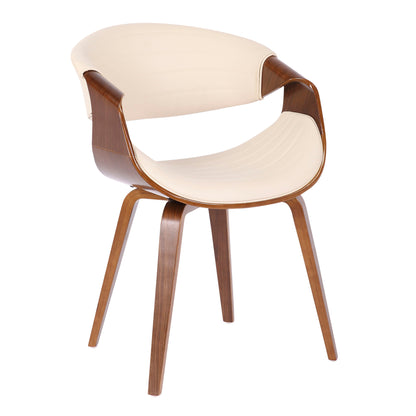 The Symphony - Mid Century Modern Dining Chair features a curved wooden frame, beige cushioned seat and backrest, and four angled wooden legs for a sleek, contemporary look.