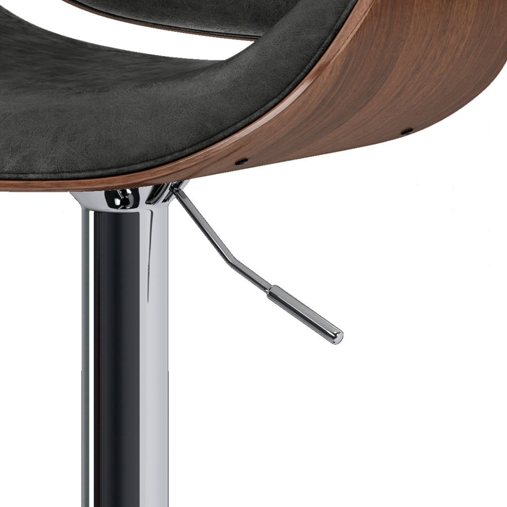 Close-up of the Marana Multifunctional Handcrafted Bentwood Adjustable Swivel Bar Stool, featuring a black cushioned seat, curved bentwood backrest, chrome base, and a metal lever for height adjustment.