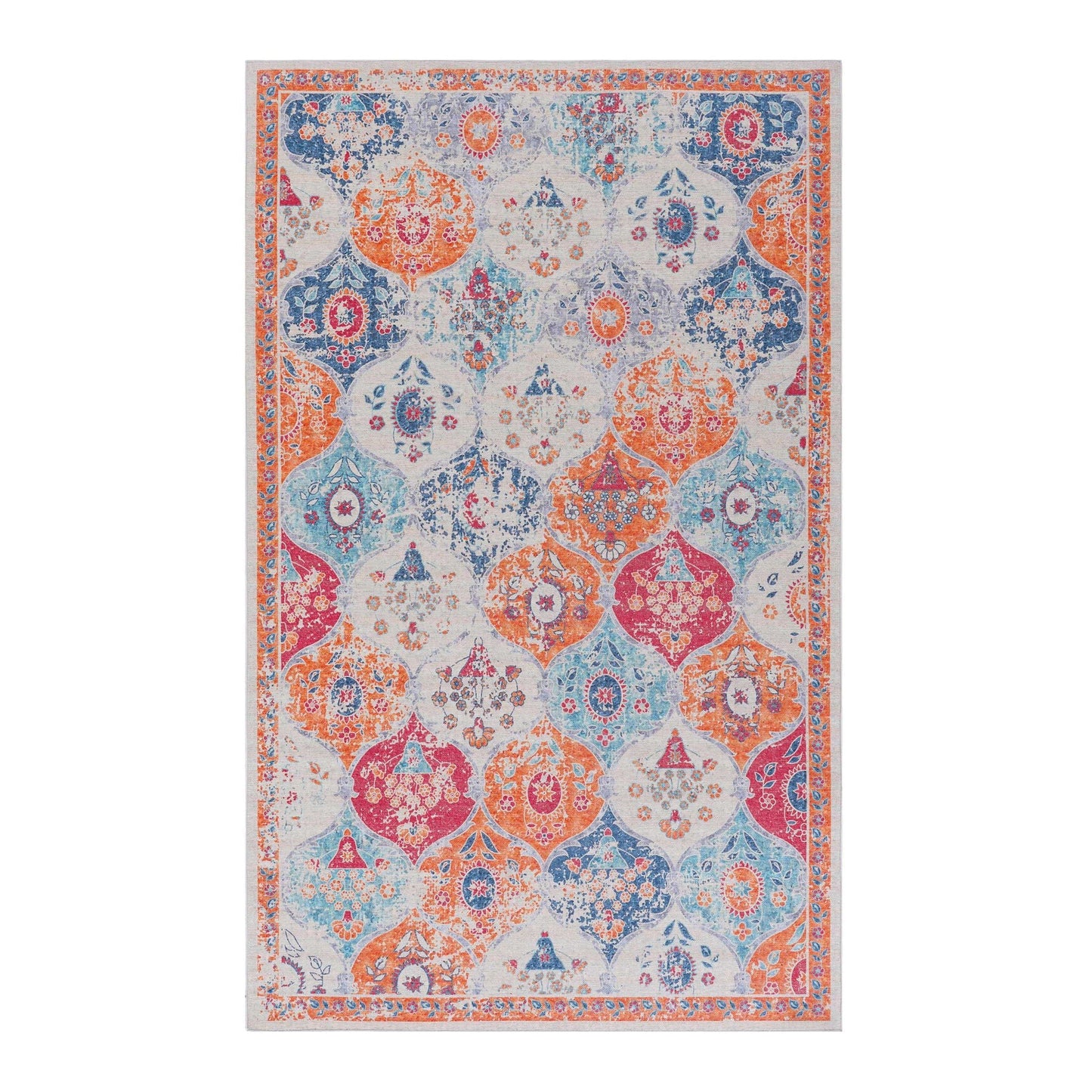 The Maval - Stunning Area Rug features an ornate geometric pattern in vibrant orange, blue, pink, and white tones, highlighted by intricate floral motifs and a decorative border.