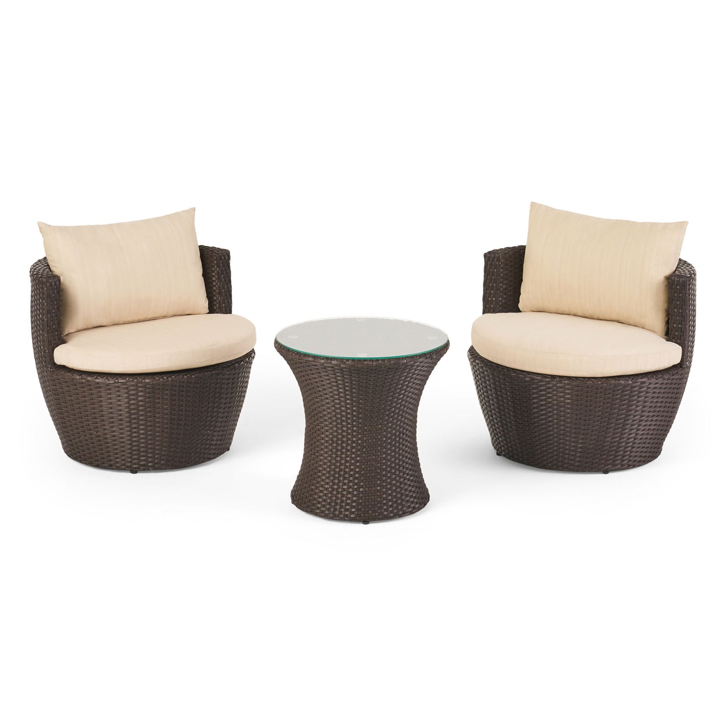 The Kono - Chat Set Outdoor Furniture includes two round wicker chairs with beige cushions and matching back pillows, placed on each side of a small round wicker table with a glass top.