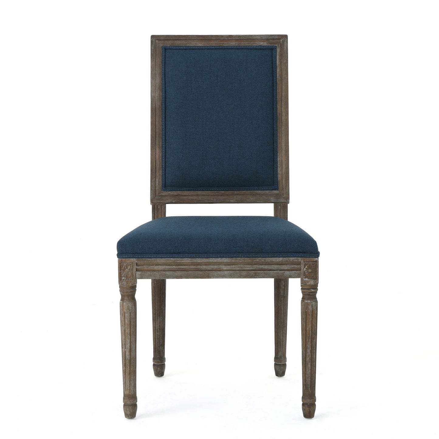 The Traditional Style Dining Chair Set With Fabric Upholstery features carved legs, a rectangular back, and dark blue fabric on the seat and backrest, shown against a plain white background.