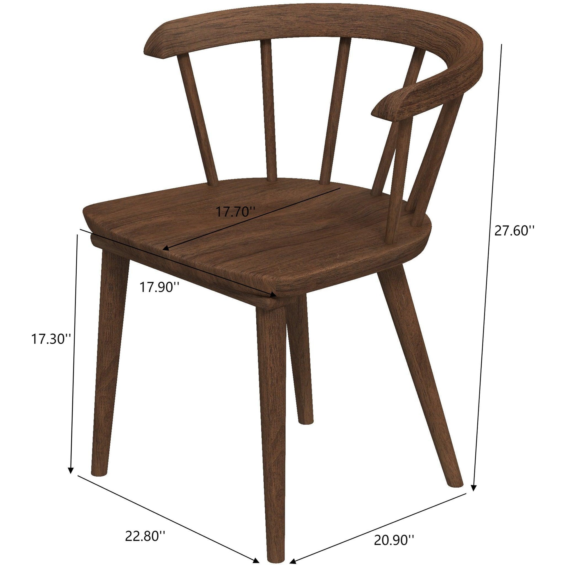 The Kingsley Dining Chair (Set of 2) in Brown features a curved backrest and four angled legs, measuring 27.60" tall with a seat height of 17.30", seat width of 17.70", seat depth of 17.90", front width of 22.80", and back width of 20.90".