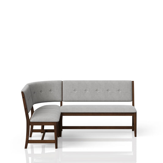 Curved Dining Bench Mid Century Modern Upholstered Curved Bench in beige, featuring a light gray upholstered seat and tufted backrest, is shown set against a plain white background.