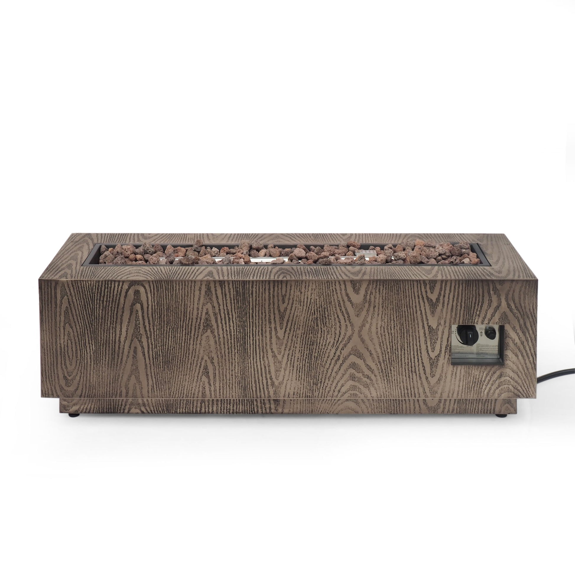 The Wellington Square Iron Fire Pit features a wood pattern design, modern rustic look, 50,000 BTU output, lava rock-filled top, visible control panel, and power outlet on the side.