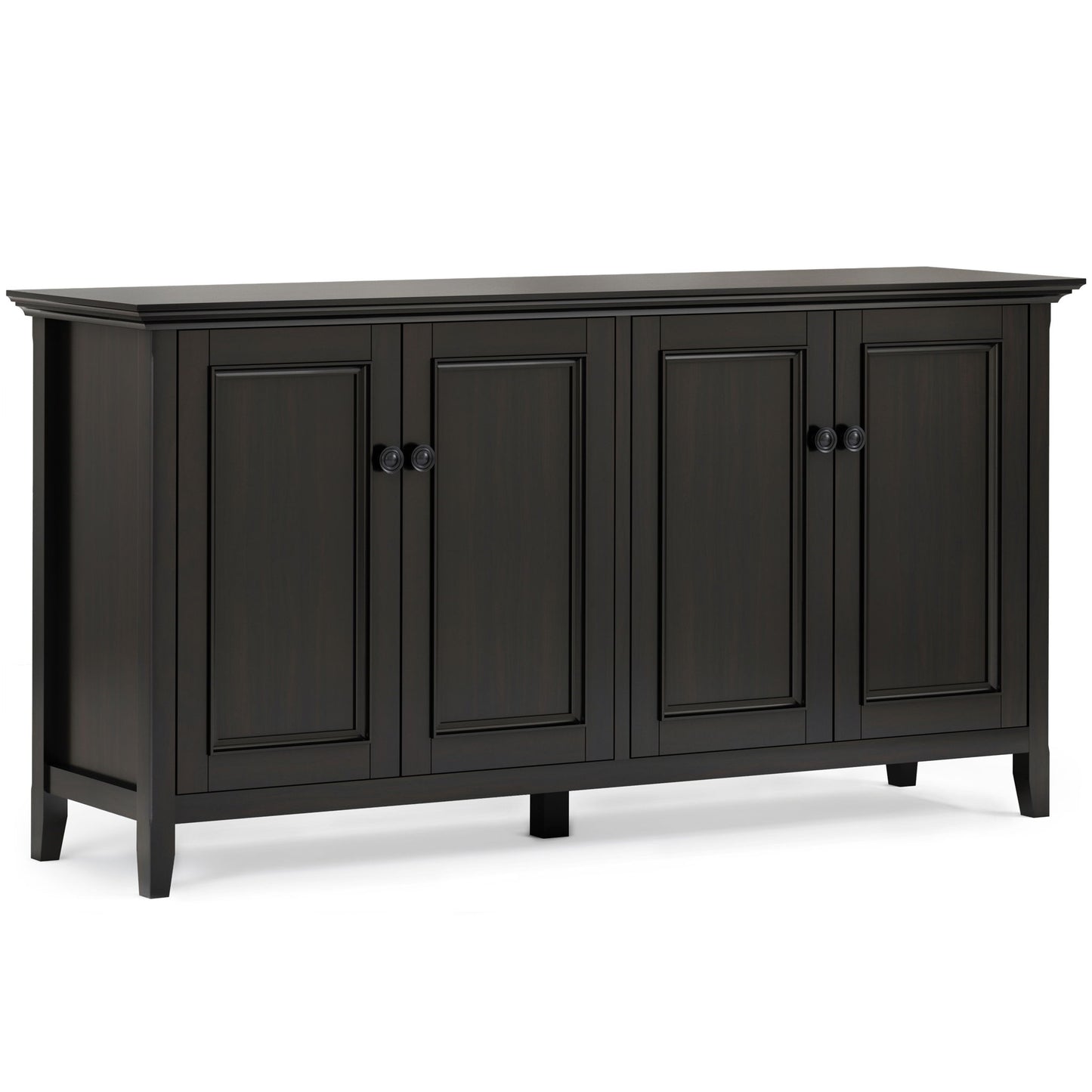 The Amherst Wide 4 Door Storage Cabinet in hickory brown features a simple, modern design with four paneled doors, round black knobs, and slightly tapered legs.