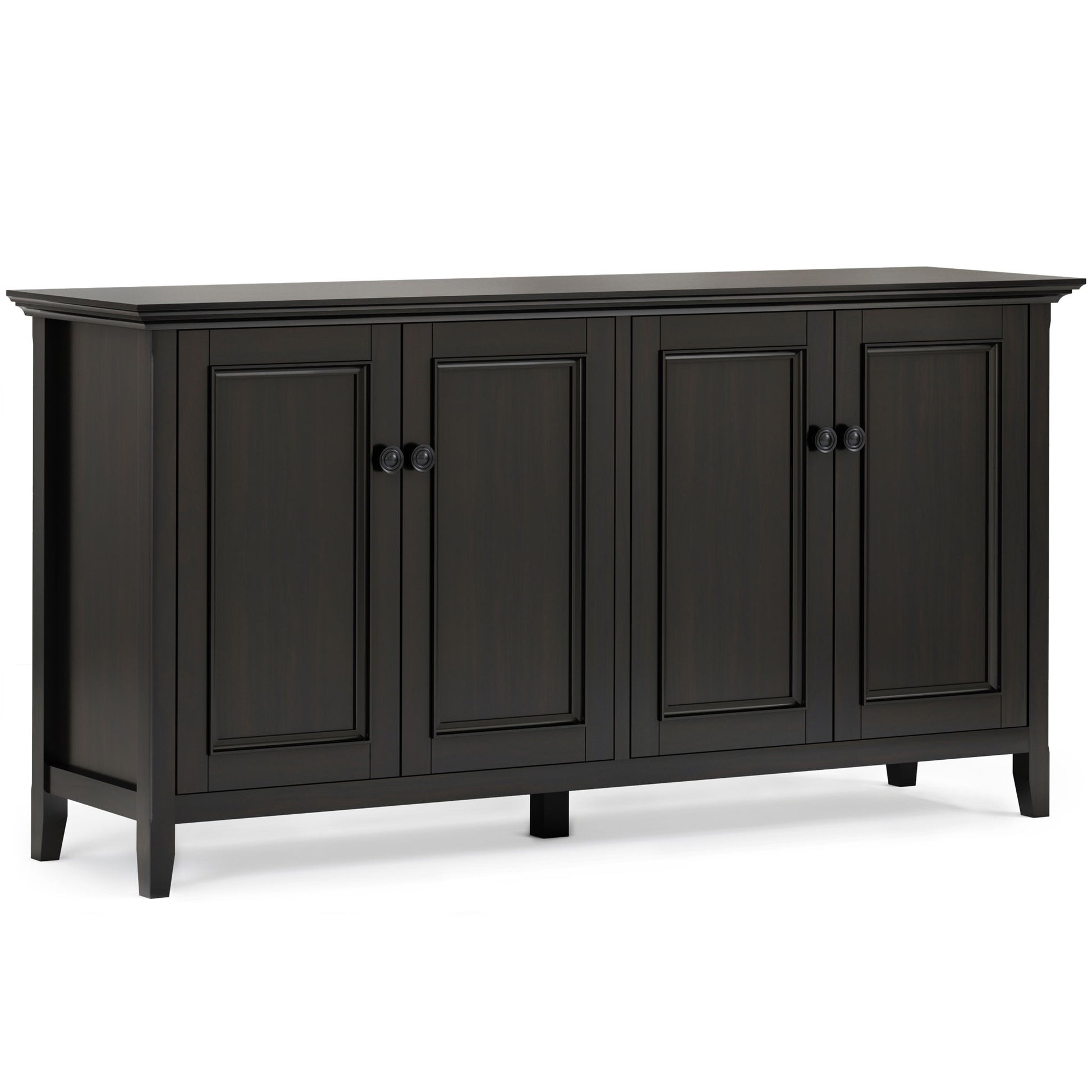 The Amherst Wide 4 Door Storage Cabinet in hickory brown features a simple, modern design with four paneled doors, round black knobs, and slightly tapered legs.