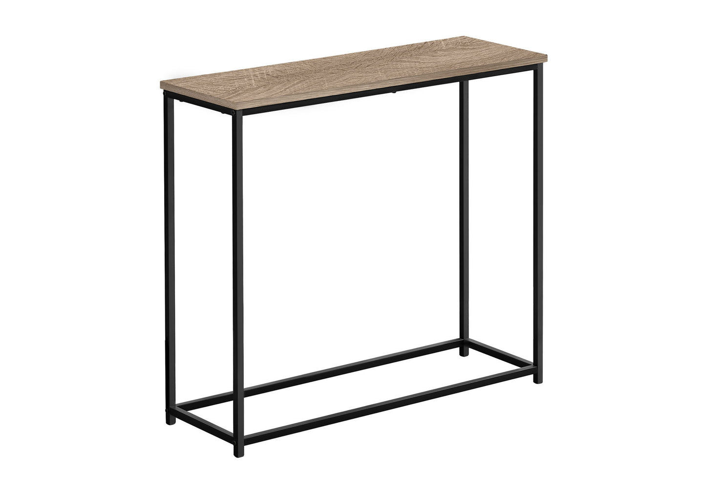The Accent Console Table For Entryway features a rectangular wooden top, minimalist black metal frame, clean lines, an open design, and stable support for a contemporary and modern look.