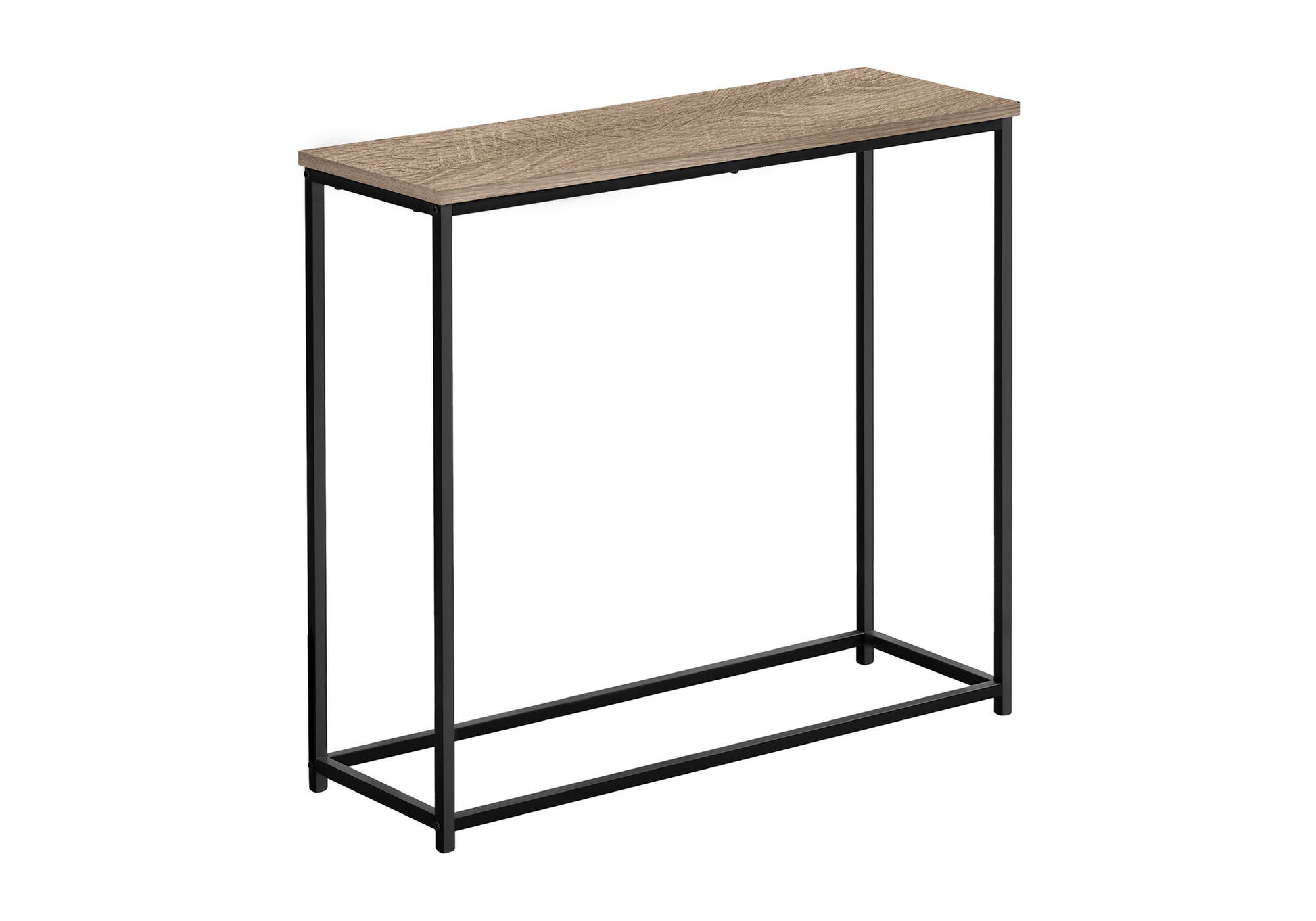 The Accent Console Table For Entryway features a rectangular wooden top, minimalist black metal frame, clean lines, an open design, and stable support for a contemporary and modern look.