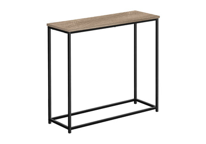 The Accent Console Table For Entryway features a rectangular wooden top, minimalist black metal frame, clean lines, an open design, and stable support for a contemporary and modern look.