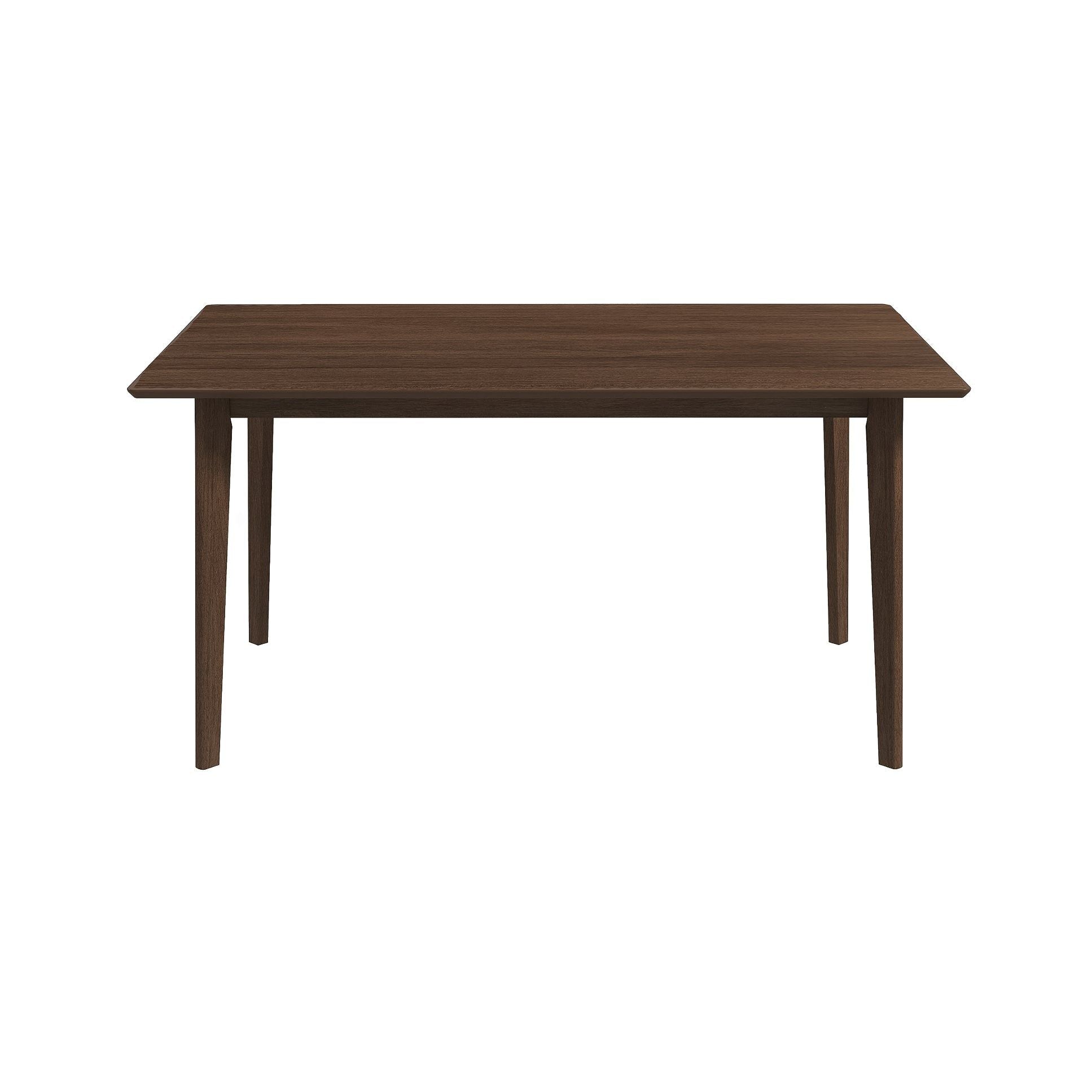 The Carlos Dining Table features a rectangular wooden design with four tapered legs and a smooth, dark brown finish, displayed against a plain white background.
