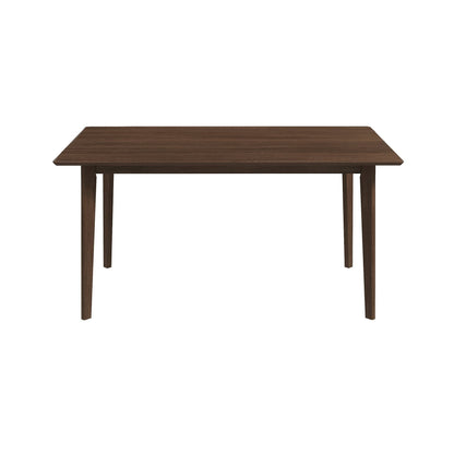The Carlos Dining Table features a rectangular wooden design with four tapered legs and a smooth, dark brown finish, displayed against a plain white background.