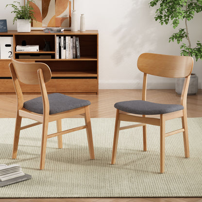 A set of two Brilliantine Dining Chairs with gray cushions and wood frames sit on a light rug in a modern living room, complemented by a wooden shelf, books, decor, and a leafy plant in the background.