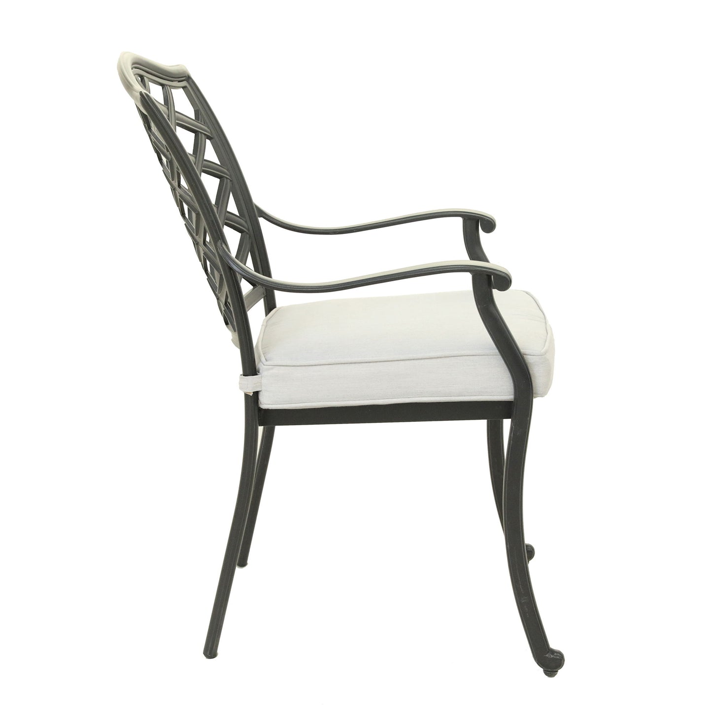 Side view of the Aluminum Dining Arm Chair With Cushion (Set of 2) in Cast Silver, featuring a lattice backrest, armrests, and a light-colored seat cushion.