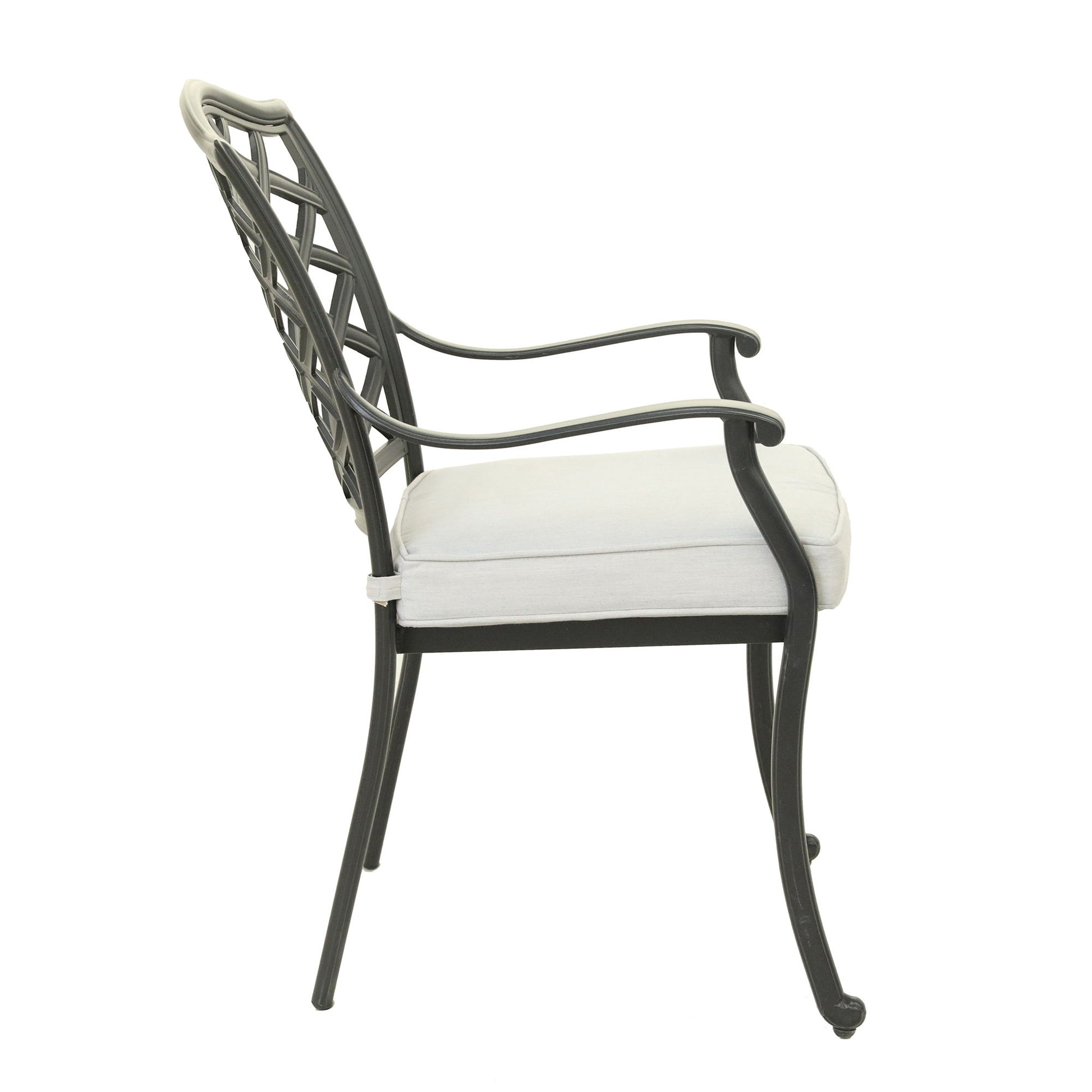 Side view of the Aluminum Dining Arm Chair With Cushion (Set of 2) in Cast Silver, featuring a lattice backrest, armrests, and a light-colored seat cushion.