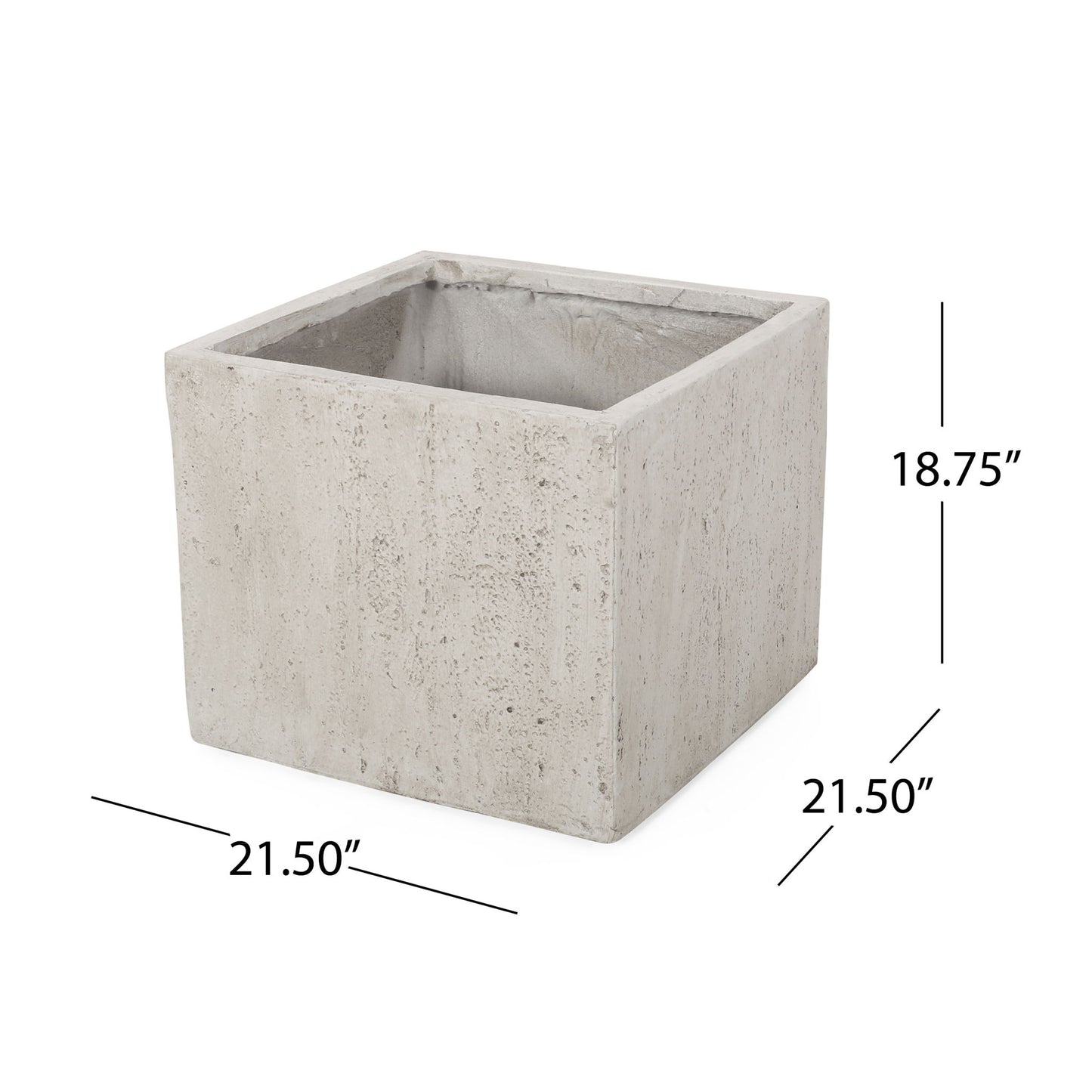 The Modern Outdoor Planter is a square, light gray concrete piece with a rough texture. It measures 21.50" W x 21.50" D x 18.75" H, with measurement lines and labels included in the image.