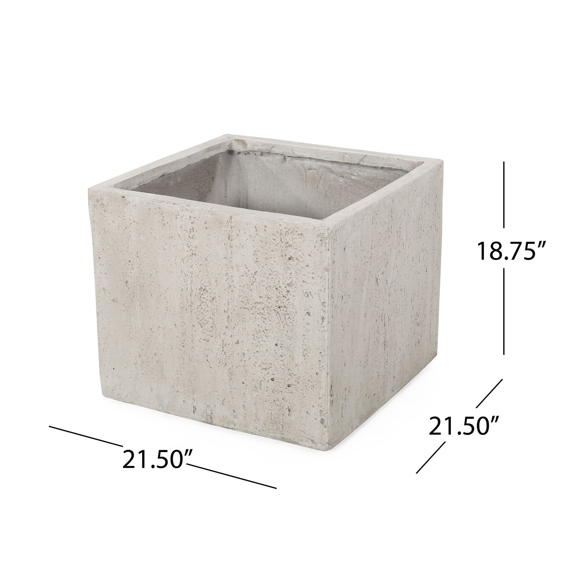 The Modern Outdoor Planter is a square, light gray concrete piece with a rough texture. It measures 21.50" W x 21.50" D x 18.75" H, with measurement lines and labels included in the image.