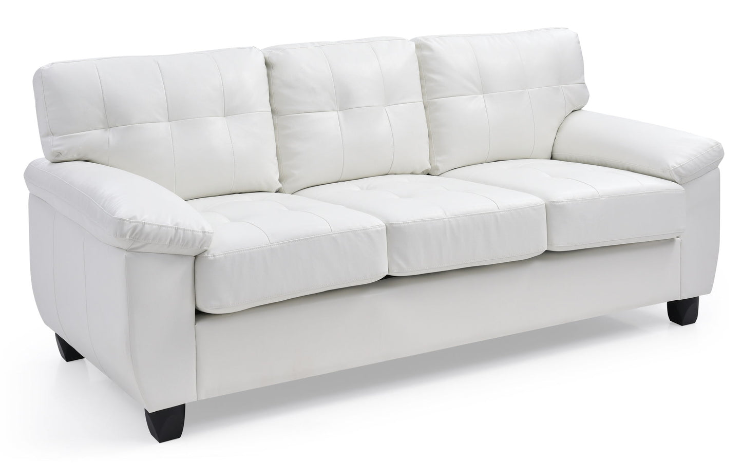 The Comfortable Sofa is a modern, three-seater piece in white leather with cushioned seat and backrest, wide padded armrests, and short black legs, shown against a white background.