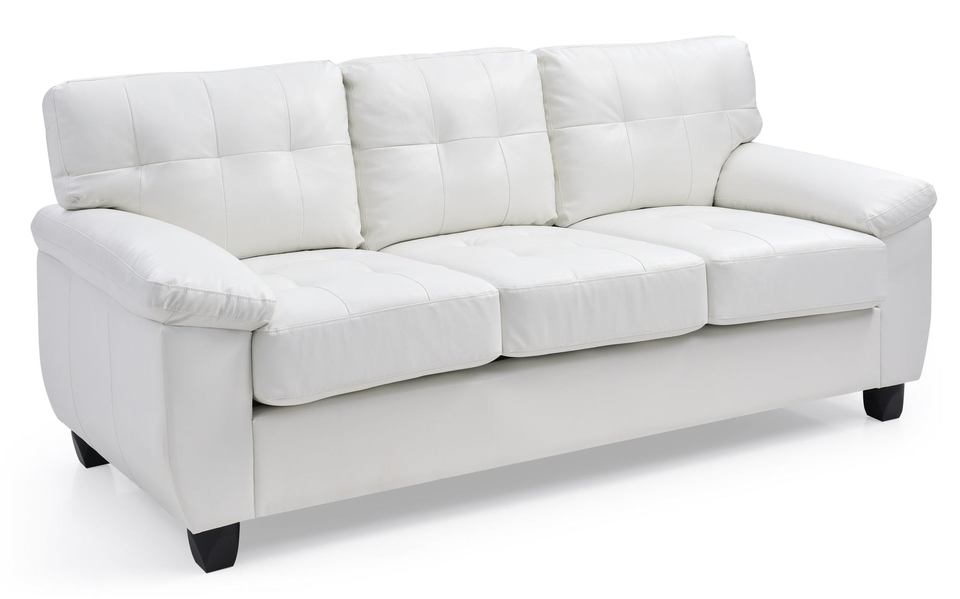The Comfortable Sofa is a modern, three-seater piece in white leather with cushioned seat and backrest, wide padded armrests, and short black legs, shown against a white background.