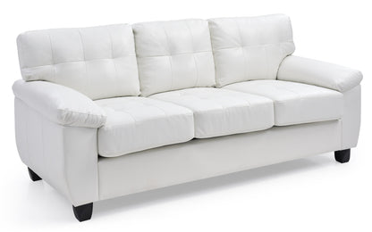 The Comfortable Sofa is a modern, three-seater piece in white leather with cushioned seat and backrest, wide padded armrests, and short black legs, shown against a white background.