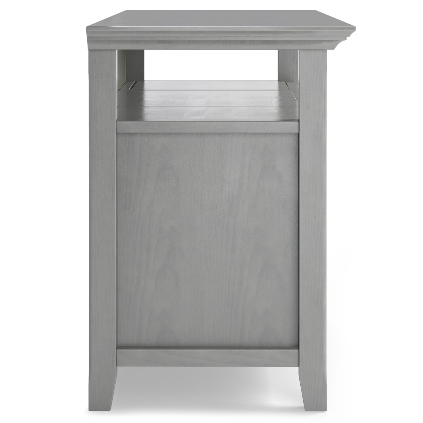 A side view of the Amherst - TV Media Stand, Handcrafted, in gray wood with straight legs, a lower shelf, and solid side panel. Features a simple, modern design.
