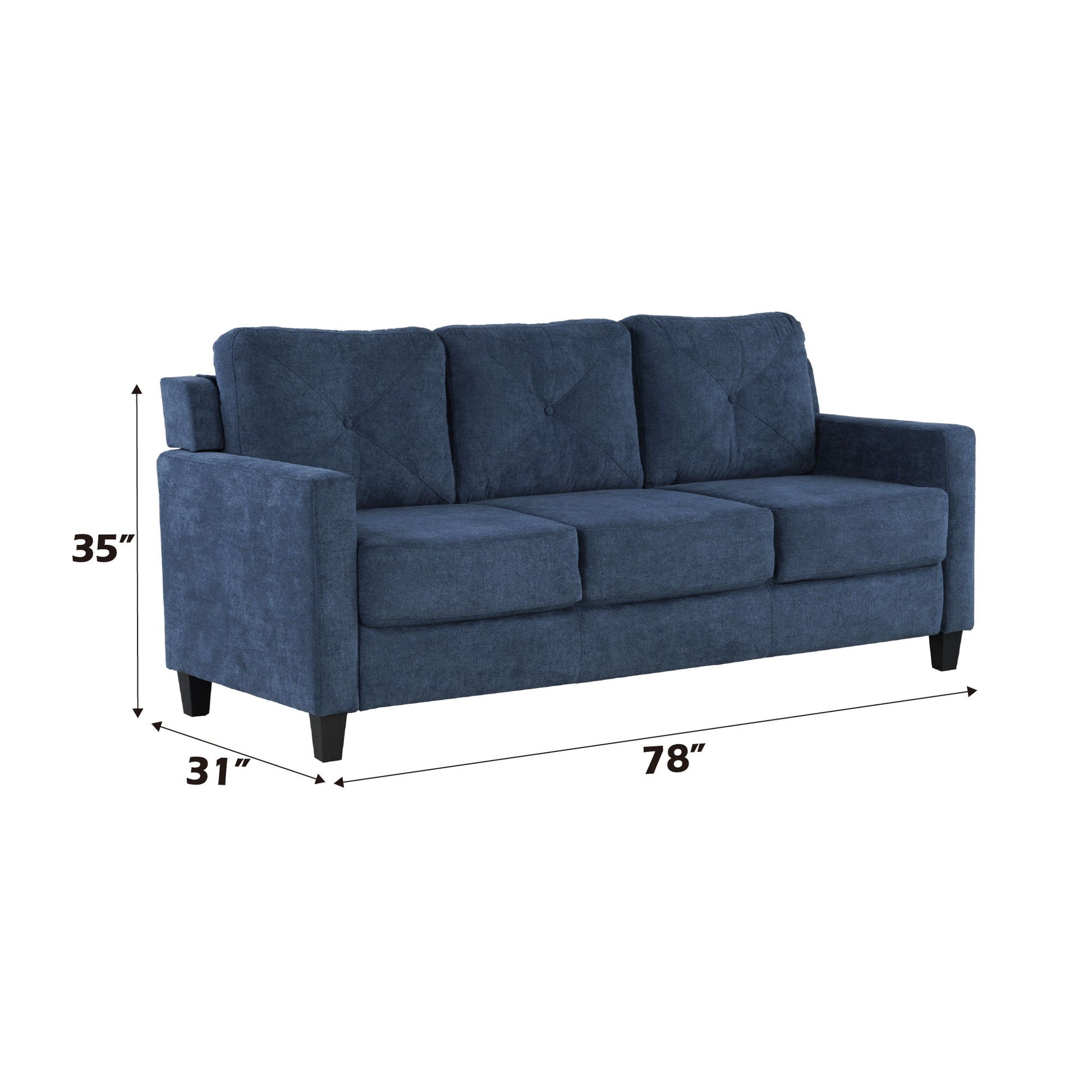 The Horatio - Chenille 3 Seater Sofa features blue upholstery, straight arms, dark legs, and measures 35" tall, 31" deep, and 78" wide. Shown against a white background.