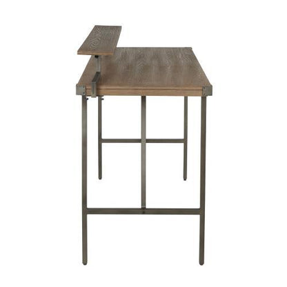 The Gia - Industrial Counter Table features a metal frame, wood tabletop, and a compact raised shelf on the left. Side view highlights its sturdy legs and support structure for a modern industrial look.