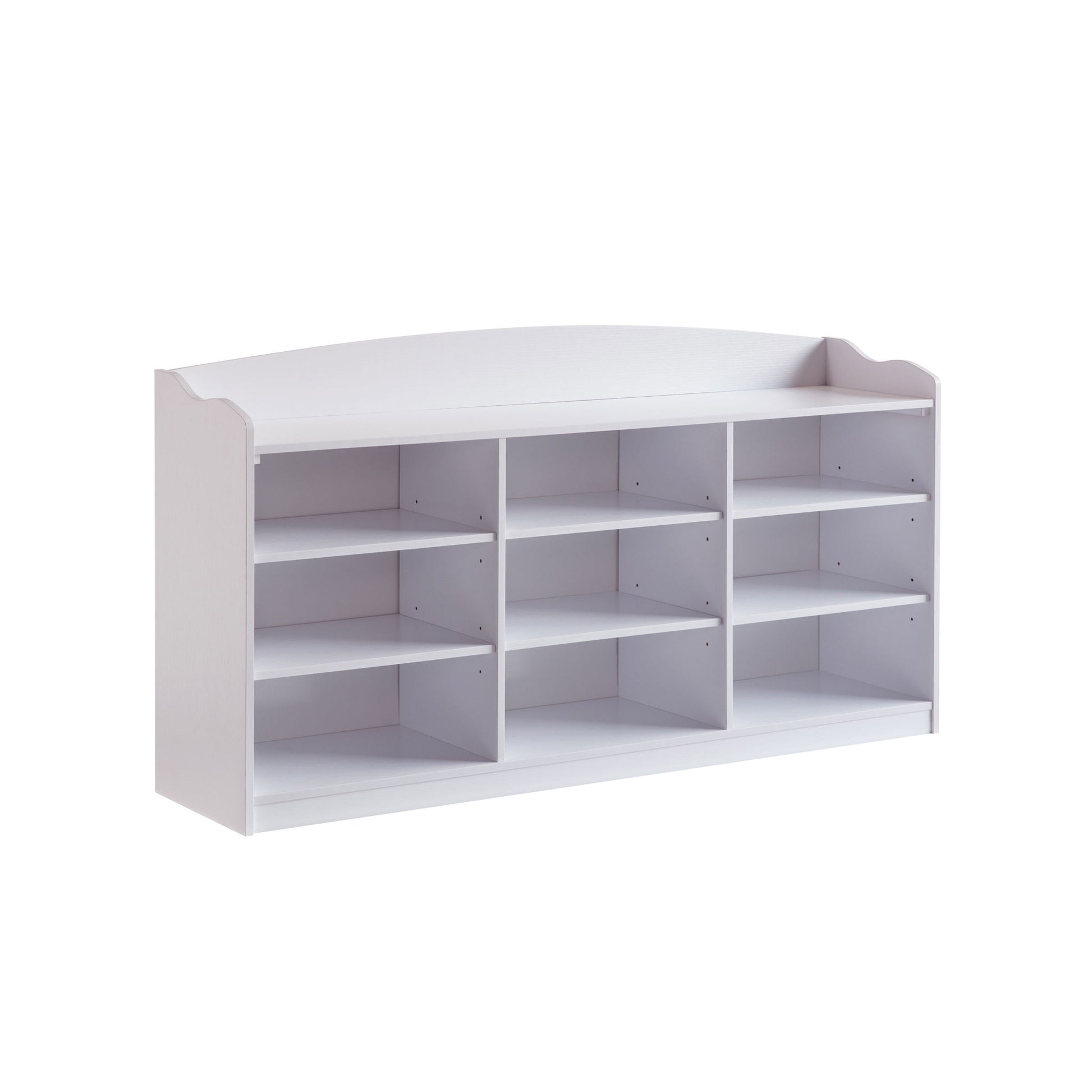 A white Entryway Shoe Storage Bench with nine shelves in three rows offers ample organization. The top has a slightly raised back and curved sides, combining functionality and style for your entryway.