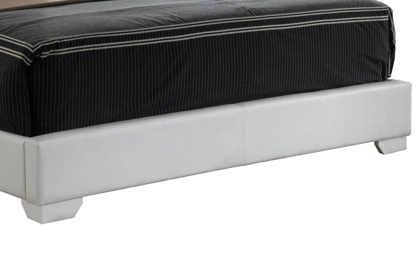 A close-up of the lower part of the Elegant Platform Bed For Relaxed Spaces, featuring a white upholstered frame and a black pinstriped mattress.