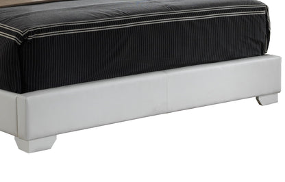 A close-up of the lower part of the Elegant Platform Bed For Relaxed Spaces, featuring a white upholstered frame and a black pinstriped mattress.